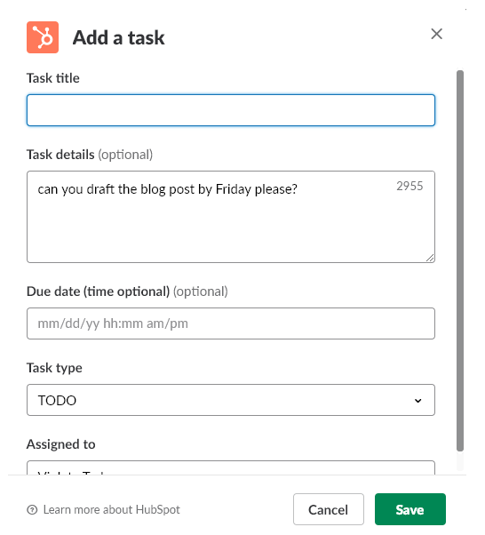 Add a task HubSpot Slack
