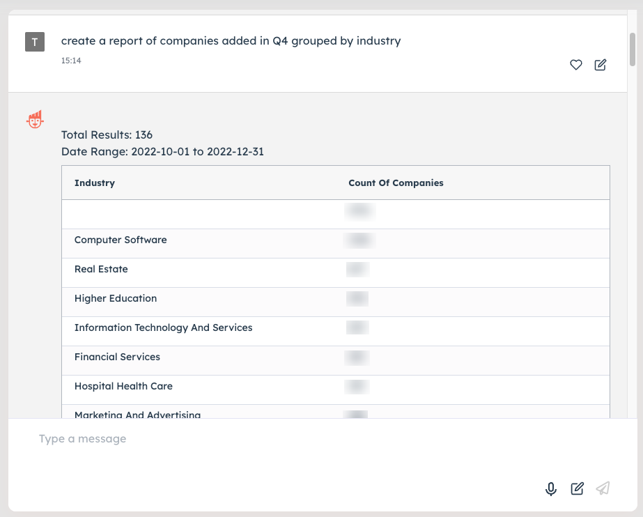 ChatSpot report of companies added in Q4 grouped by industry